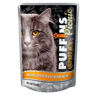 Puffins - Пикник - Паучи для кошек "Мясное Ассорти" 85гр Puffins - Пикник - Паучи для кошек