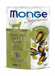 Monge Supreme Adult Cat - Консервы для взрослых кошек с мидиями и оливками, паучи 80 г