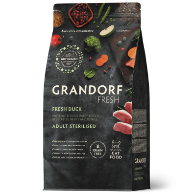 Grandorf Fresh Cat Duck Sterilised - Сухой корм для стерелизованных кошек, диетическая формула для особо аллергичных кошек, с уткой и бататом Grandorf Fresh Cat Duck Sterilised - Сухой корм для стерелизованных кошек, диетическая формула для особо аллергичных кошек, с уткой и бататом