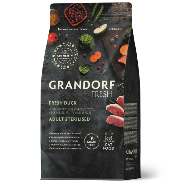 Grandorf Fresh Cat Duck Sterilised - Сухой корм для стерелизованных кошек, диетическая формула для особо аллергичных кошек, с уткой и бататом
