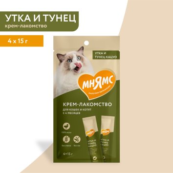 Мнямс - Крем-лакомство для кошек с уткой и тунцом Кацуо 15 г х 4 шт.