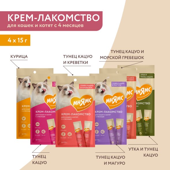 Мнямс - Крем-лакомство для кошек с уткой и тунцом Кацуо 15 г х 4 шт.