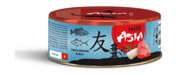 Prime Asia - Консервы для кошек, Тунец с рыбой Групер, в желе, 85 гр