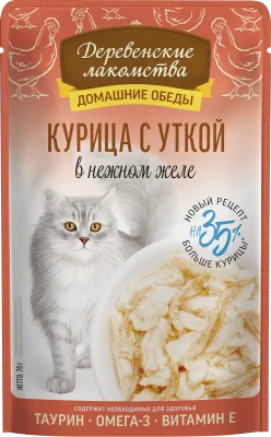 Деревенские лакомства - Паучи для кошек Курица с уткой в нежном желе 70 гр Деревенские лакомства - Паучи для кошек Курица с уткой в нежном желе 70 гр
