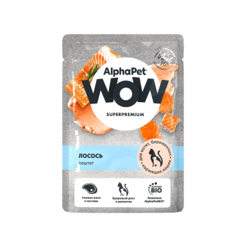 AlphaPet Wow СуперПремиум - Влажный полнорационный корм для котят, беременных и кормящих кошек, паштет с лососем, 85р