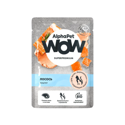 AlphaPet Wow СуперПремиум - Влажный полнорационный корм для котят, беременных и кормящих кошек, паштет с лососем, 85р AlphaPet Wow СуперПремиум - Влажный полнорационный корм для котят, беременных и кормящих кошек, паштет с лососем, 85р