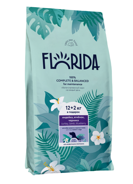 Florida - Сухой корм для взрослых собак средних и крупных пород с индейкой, ягненком и черникой