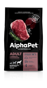 AlphaPet Superpremium - Сухой корм для взрослых собак крупных пород, с Говядиной и Потрошками