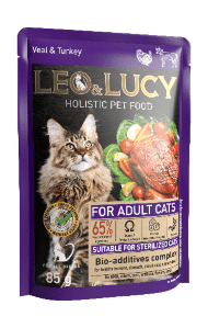 Leo & Lucy - Консервы для кошек, Кусочки в соусе, Телятина и Индейка, 85 гр