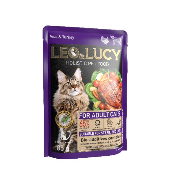 Leo &amp;amp; Lucy - Консервы для кошек, Кусочки в соусе, Телятина и Индейка, 85 гр