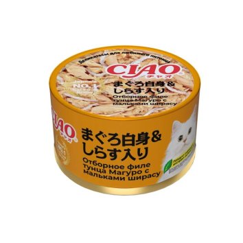 Inaba Ciao can - Консервы для кошек, отборное филе тунца магуро с мальками ширасу, 85гр