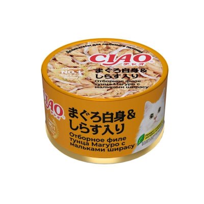 Inaba Ciao can - Консервы для кошек, отборное филе тунца магуро с мальками ширасу, 85гр
