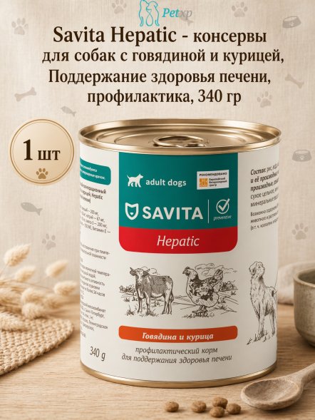 Savita Hepatic - консервы для собак с говядиной и курицей, Поддержание здоровья печени, профилактика, 340 гр