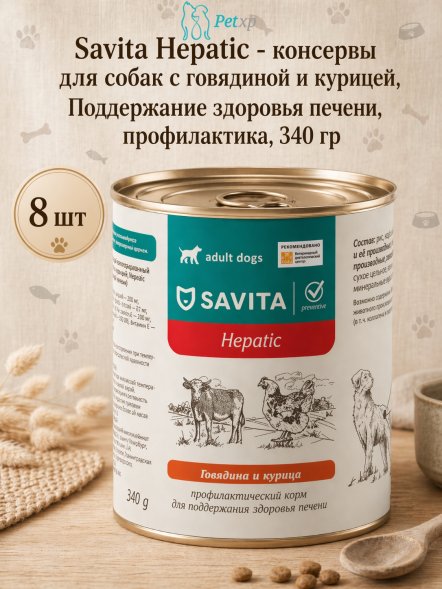 Savita Hepatic - консервы для собак с говядиной и курицей, Поддержание здоровья печени, профилактика, 340 гр