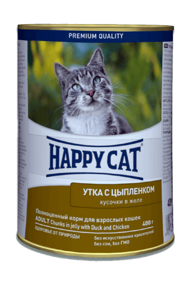 9467.580 Happy Cat - Kysochki v jele s ytkoi i ciplenkom 400gr kypit v zoomagazine «PetXP» Happy Cat - Кусочки в желе с уткой и цыпленком 400гр