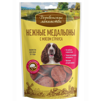 Деревенские лакомства - Лакомства для собак, Нежные медальоны с мясом страуса, 90 гр