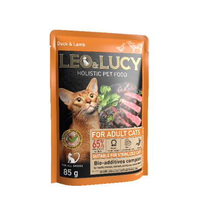 Leo & Lucy - Консервы для кошек, Кусочки в соусе, Утка и Ягненок, 85 гр