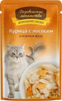 Деревенские лакомства - Паучи для кошек Курица с лососем в нежном желе 70 гр
