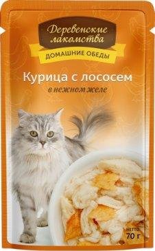 Деревенские лакомства - Паучи для кошек Курица с лососем в нежном желе 70 гр
