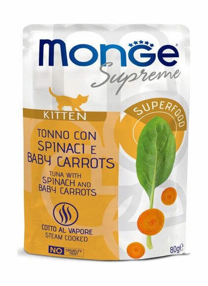 Monge Supreme Kitten - Консервы для котят из тунца со шпинатом и мини-морковью, паучи 80 г
