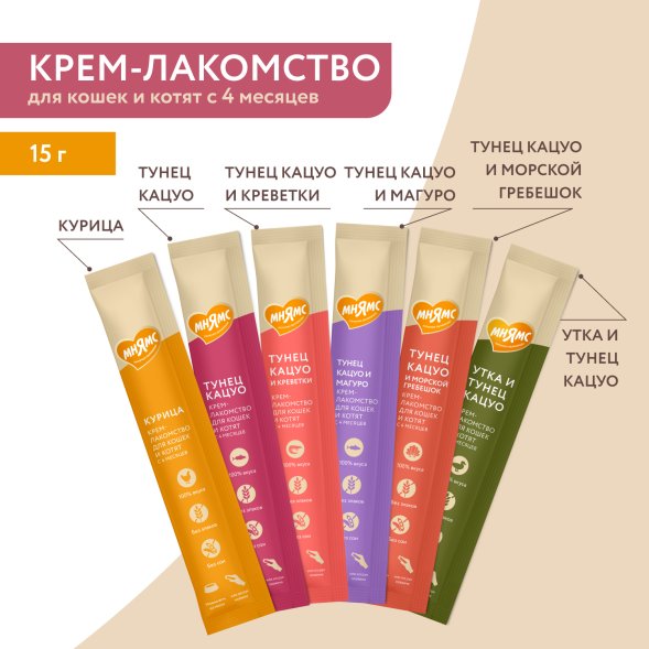 Мнямс - Крем-лакомство для кошек с тунцом Кацуо и креветками 15 г