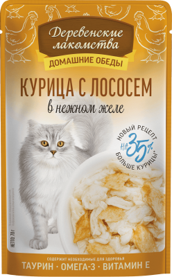 Деревенские Лакомства - Домашние обеды, консервы для кошек, курица с лососем в нежном желе, пауч 70 гр Деревенские Лакомства - Домашние обеды, консервы для кошек, курица с лососем в нежном желе, пауч 70 гр