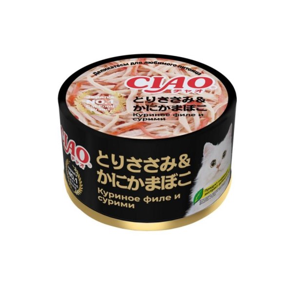 Inaba Ciao can - Консервы для кошек, куриное филе и сурими, 85гр
