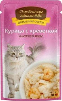 Деревенские лакомства - Паучи для кошек Курица с креветкой в нежном желе 70 гр
