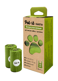 Pet-it - Пакеты для выгула собак 23х36, биоразлагаемые, в рулоне, с ручками, упаковка 4 рул. по 15шт