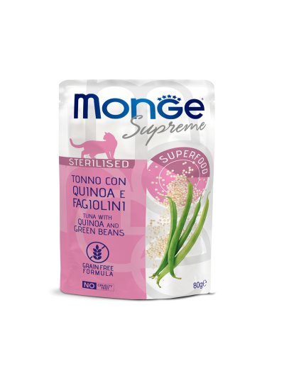 Monge Supreme Sterilized - Консервы для стерилизованных кошек из тунца с киноа и зелёной фасолью, паучи 80 г
