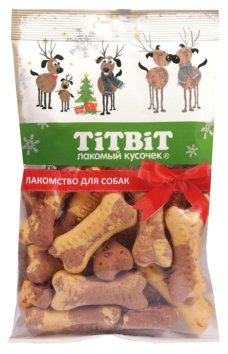 TiTBiT - Лакомства для собак, новогодняя коллекция Печенье косточки двухцветные 130гр