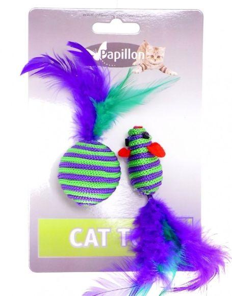 Papillon - Игрушка для кошек Мышка и мячик с перьями 5+4см, вязаные