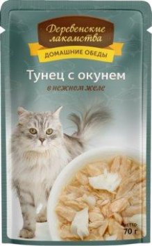 Деревенские лакомства - Паучи для кошек Тунец с окунем в нежном желе 70 гр