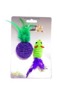 Papillon - Игрушка для кошек Мышка и мячик с перьями 5+4см, двухцветные