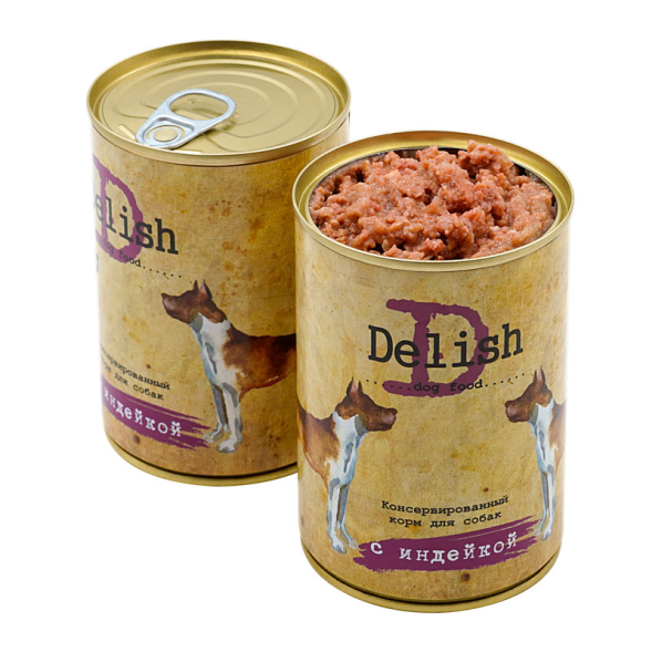 DELISH DOG - Консервы для взрослых собак с индейкой, 400гр