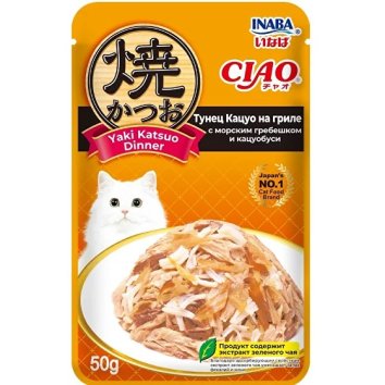 Inaba Ciao Yaki Katsuo Dinner - Паучи для кошек, тунец кацуо на гриле с морским гребешком и кацуобуси, 50гр
