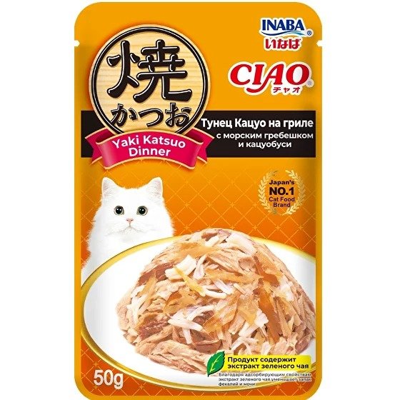 Inaba Ciao Yaki Katsuo Dinner - Паучи для кошек, тунец кацуо на гриле с морским гребешком и кацуобуси, 50гр