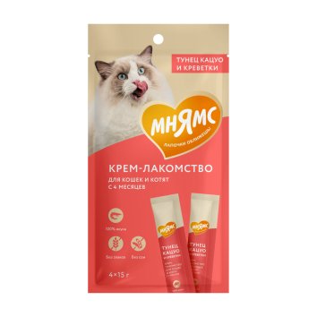 Мнямс - Крем-лакомство для кошек с тунцом Кацуо и креветками 15 г х 4 шт.