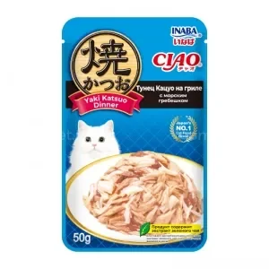 Inaba Ciao Yaki Katsuo Dinner - Паучи для кошек, тунец кацуо на гриле с морским гребешком, 50гр