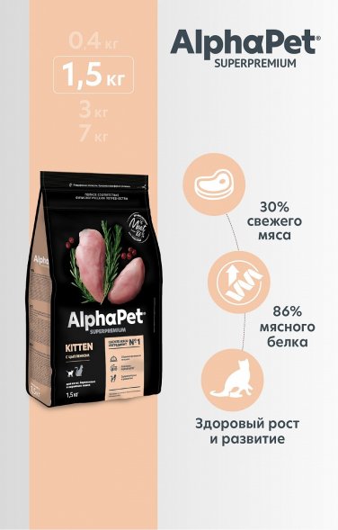 AlphaPet СуперПремиум - Сухой корм для котят, беременных и кормящих кошек, с Цыпленком