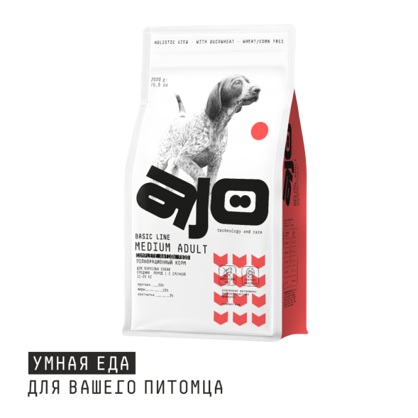 AJO Medium Adult- Сухой корм для взрослых собак средних пород, с Говядиной и Гречкой