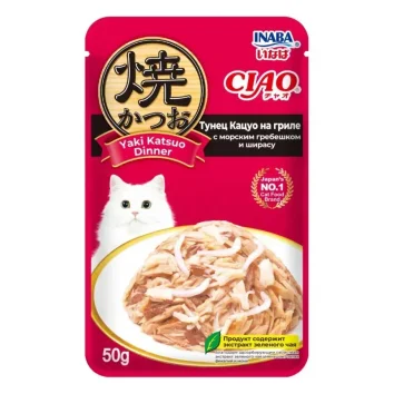 Inaba Ciao Yaki Katsuo Dinner - Пауч для кошек, тунец кацуо на гриле с морским гребешком и ширасу, 50гр