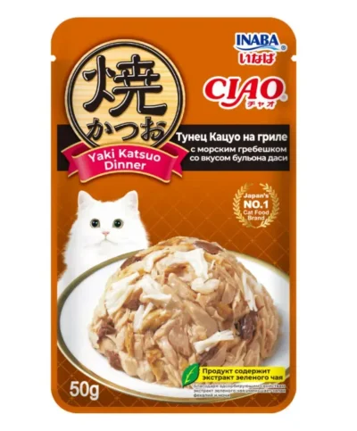 Inaba Ciao Yaki Katsuo Dinner - Пауч для кошек, тунец кацуо на гриле с морским гребешком со вкусом бульона даси, 50гр