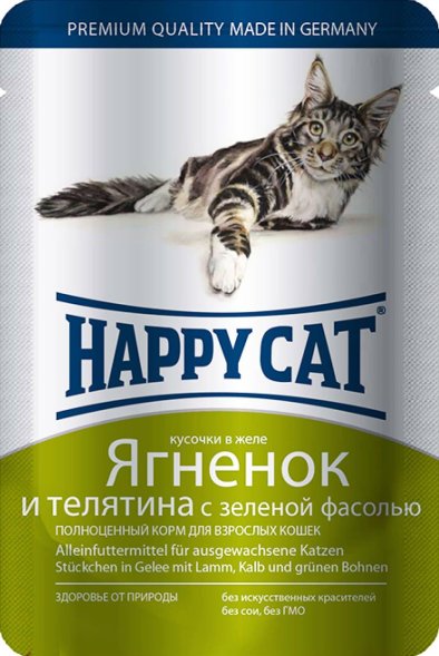 Happy Cat - Кусочки в желе для кошек ягненком, телятиной и фасолью 100гр