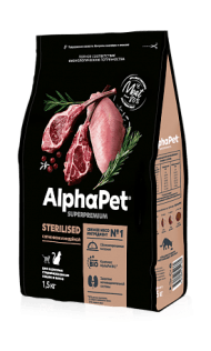 AlphaPet Superpremium - Сухой корм для взрослых стерилизованных кошек и котов, с Ягненком и Индейкой