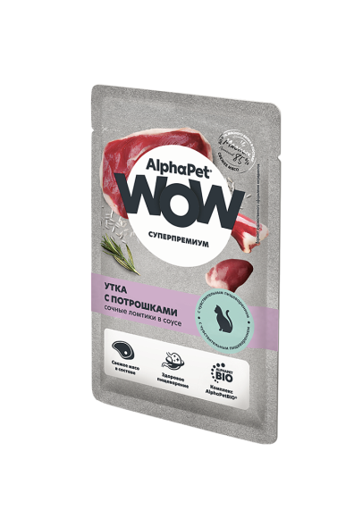 AlphaPet WOW Superpremium - Пауч для кошек с чувствительным пищеварением, с уткой и потрошками, 85 г