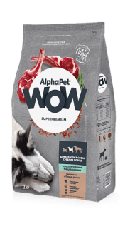 AlphaPet Wow Superpremium - Сухой корм для взрослых собак средних пород с чувствительным пищеварением, с Ягненком и Бурым рисом, 2 кг
