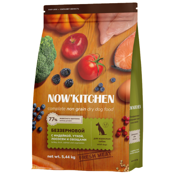Now&amp;#039;Kitchen - Беззерновой корм для взрослых собак со свежей индейкой,уткой,лососем (Adult)