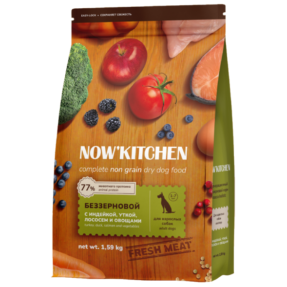 Now&amp;#039;Kitchen - Беззерновой корм для взрослых собак со свежей индейкой,уткой,лососем (Adult)