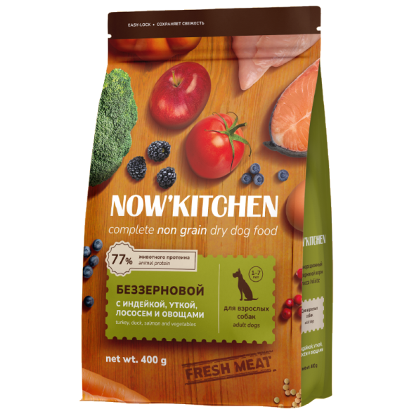 Now&amp;#039;Kitchen - Беззерновой корм для взрослых собак со свежей индейкой,уткой,лососем (Adult)